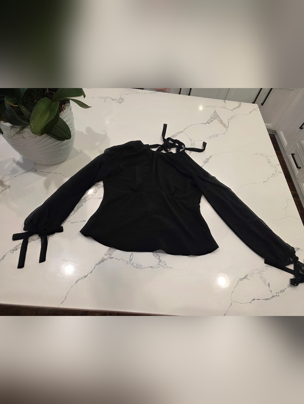 Topshop Black Long-Sleeve Tie-Neck Blouse